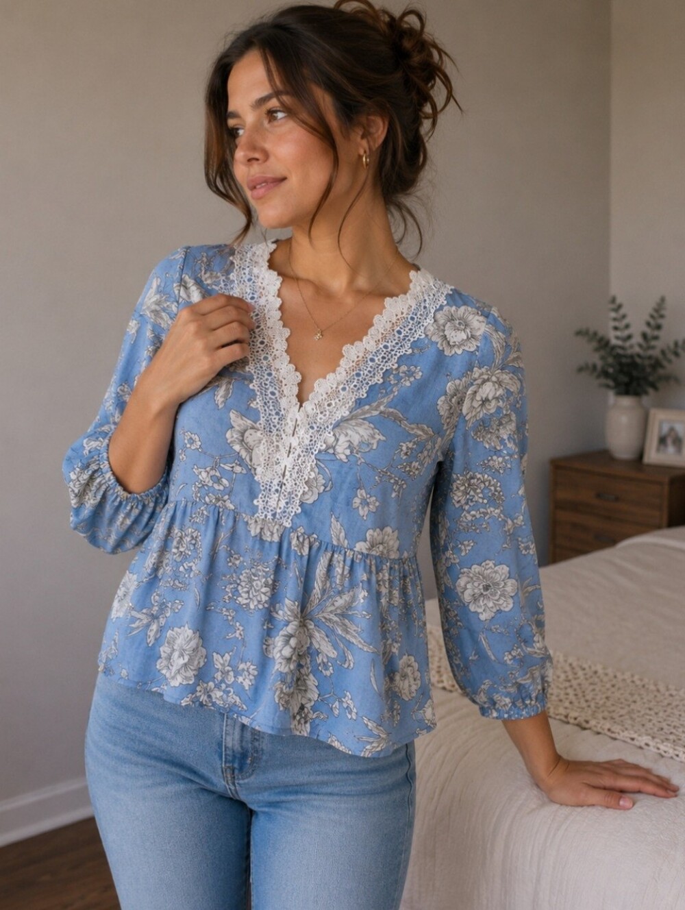 Floral Lace Trim Blouse - Blue